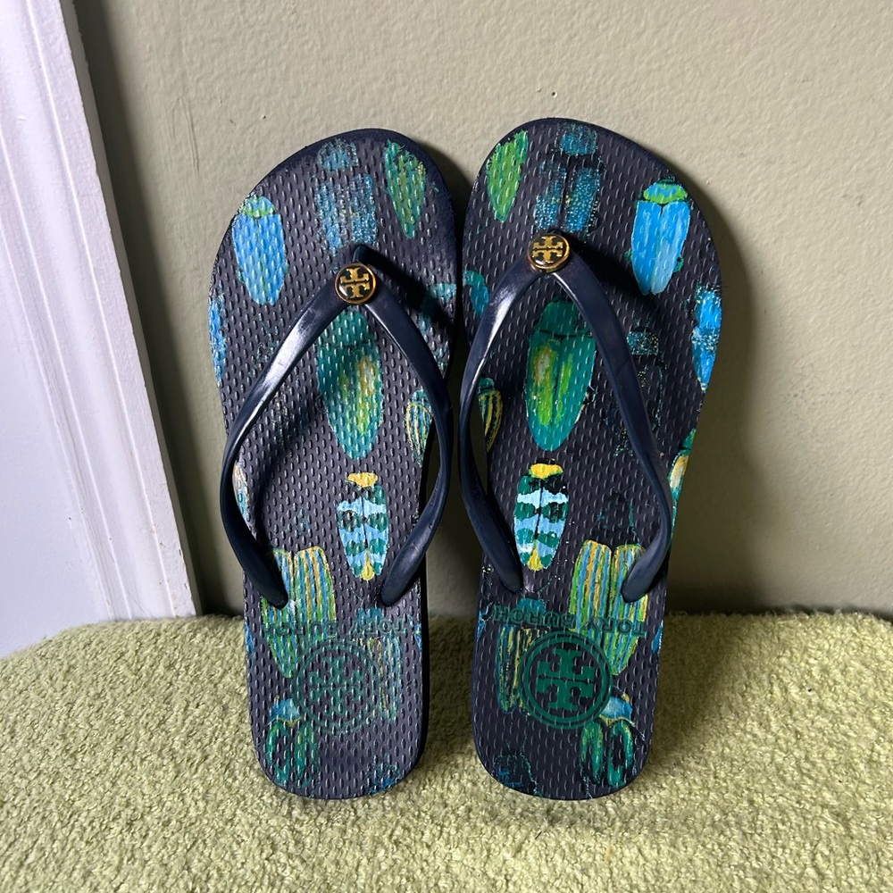 Tory Burch Navy and Teal Flip Flops with Surfboard Pattern